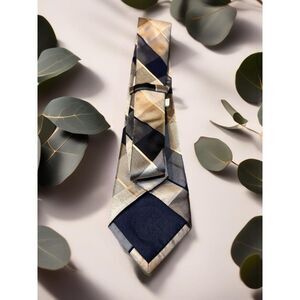 Michael Kors Designer Geometric Pattern Silk Tie Navy Silver‎ Champagn